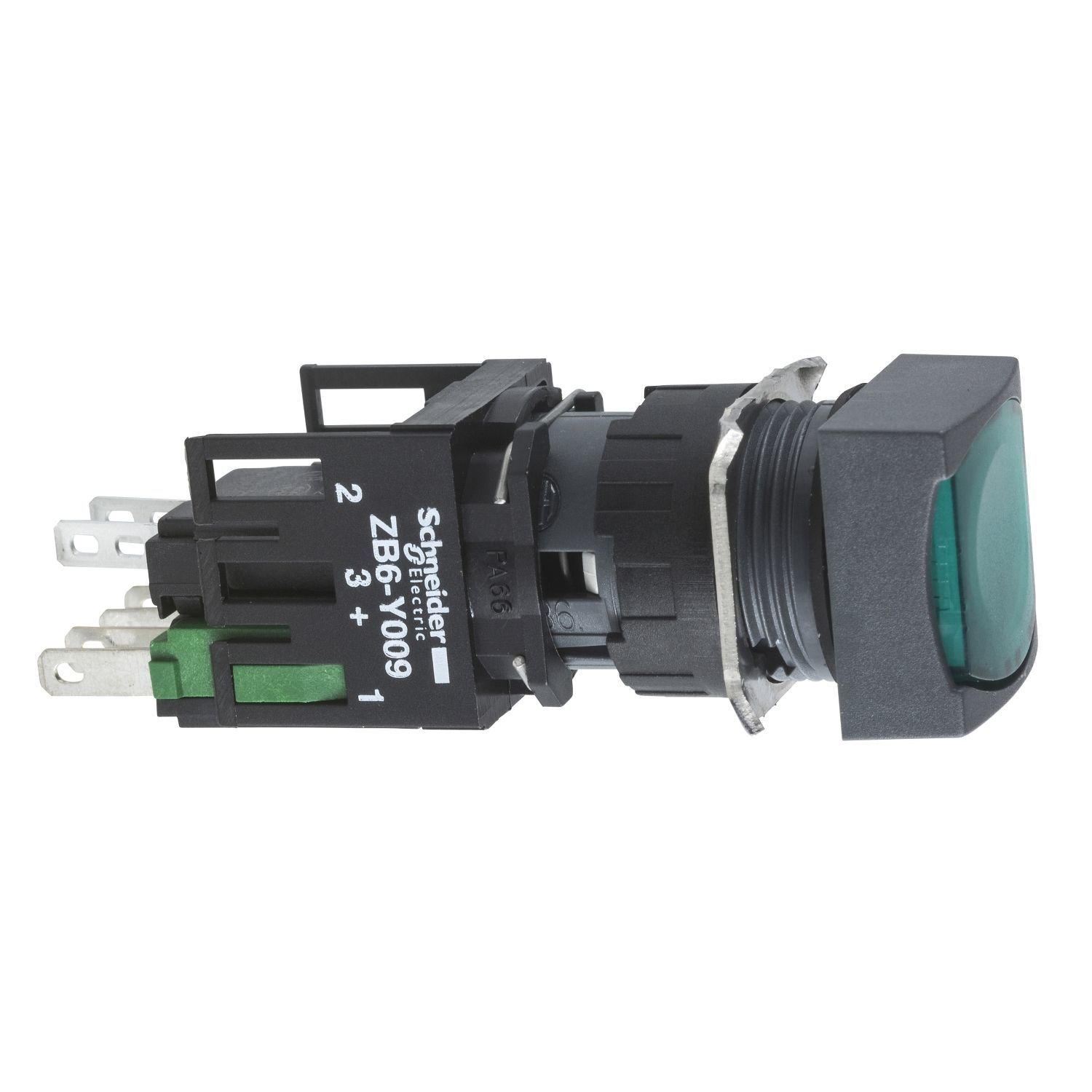 XB6CF3B1B | Schneider XB6CF3B1B ürün görseli Schneider Electric yeşil kare sıva altı eksiksiz Buton Ø16 mandallama 1NA 12...24V