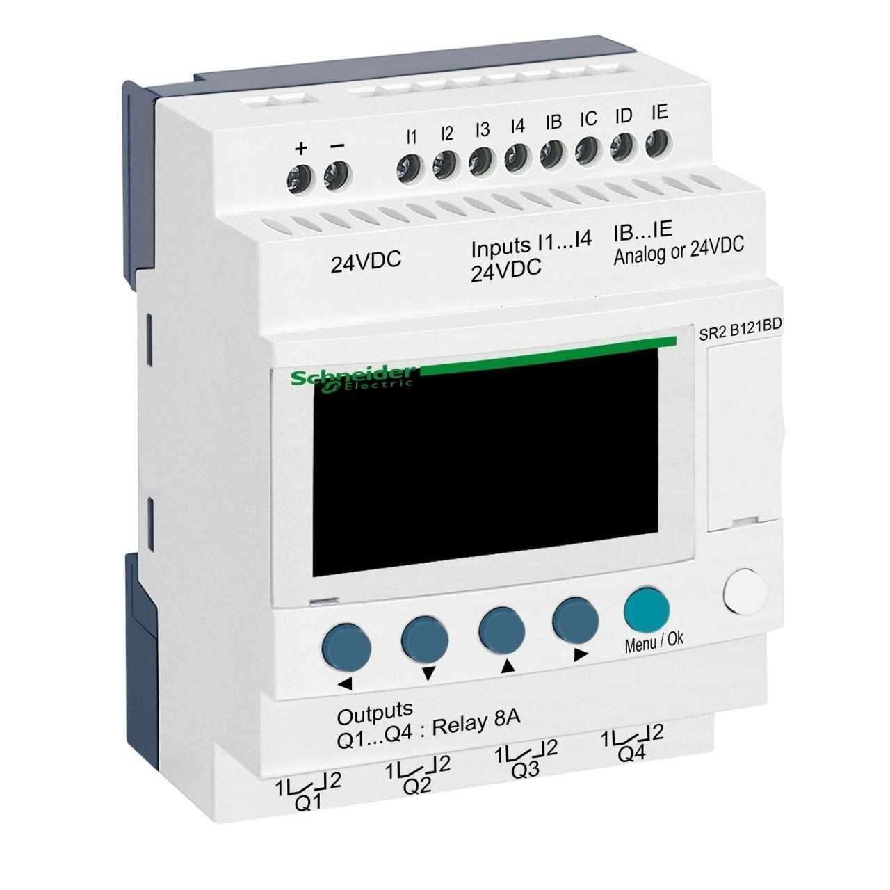 SR2B121BD | Schneider Zelio Logic 12 giriş/çıkış Akıllı Röle - 8 Dijital Giriş (4 Analoga Dönüştürülebilir ), 4 Röle Çıkışı - 24 VDC - Kompakt, Genişleyemez - SR2B121BD