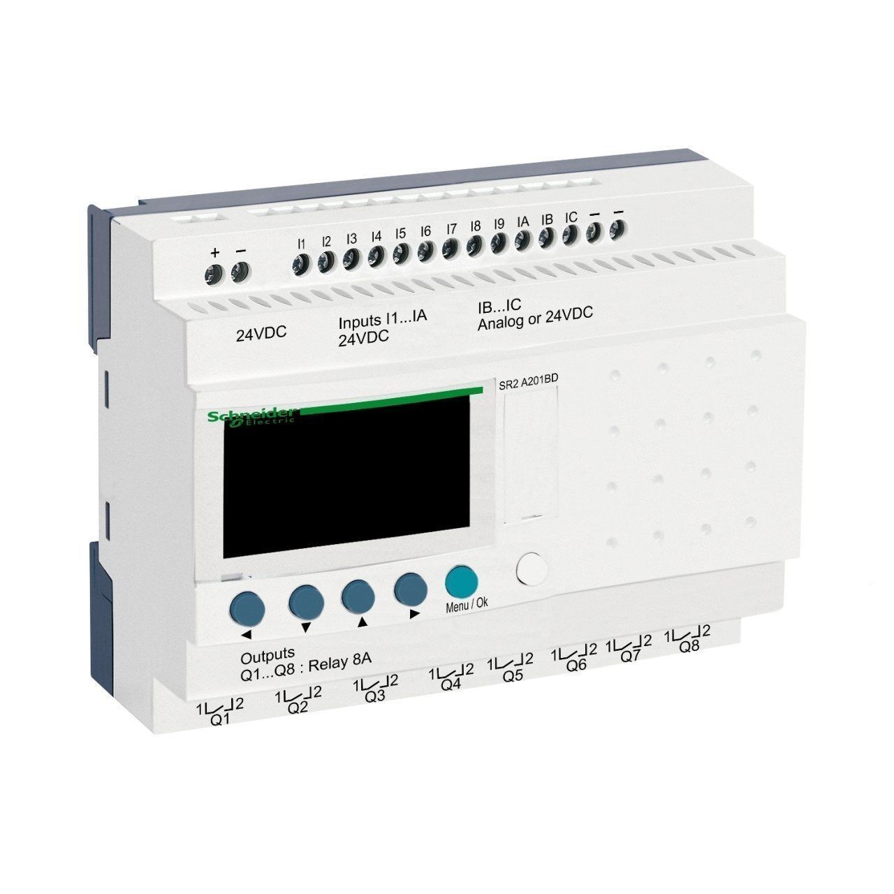 SR2A201BD | Schneider Zelio Logic 20 giriş/çıkış Akıllı Röle - 12 Dijital Giriş (2 Analoga Dönüştürülebilir ), 8 Röle Çıkışı - 24 VDC - Kompakt, Genişleyemez - SR2A201BD