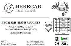 BEC45SM8-45SM8-U50GHFS | Berrcab Eth RJ45 Düz 8 Pin Erkek-Düz 8 Pin Erkek 5 Metre HF RJ45 Haberleşme Kablosu - Halogen Free, Cat7 Cable